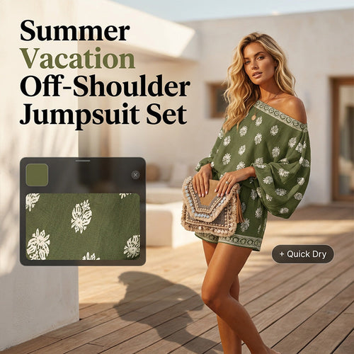 ✨ Bohemian Off-Shoulder Jumpsuit Set – Vintage Print, Vacation, Relaxed ✨