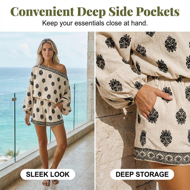 ✨ Bohemian Off-Shoulder Jumpsuit Set – Vintage Print, Vacation, Relaxed ✨