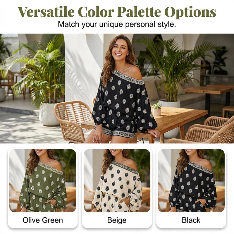 ✨ Bohemian Off-Shoulder Jumpsuit Set – Vintage Print, Vacation, Relaxed ✨