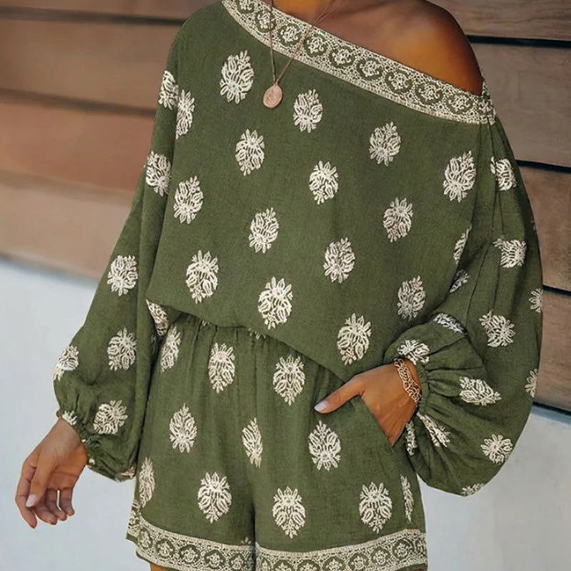 ✨ Bohemian Off-Shoulder Jumpsuit Set – Vintage Print, Vacation, Relaxed ✨