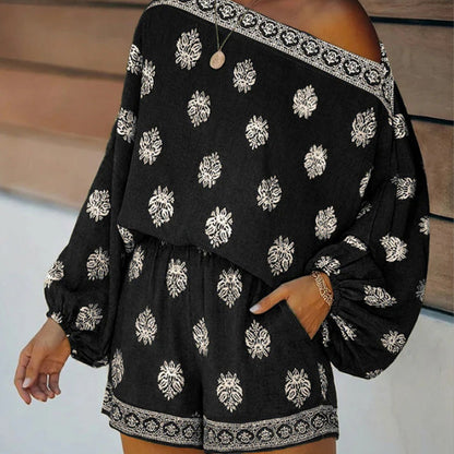 ✨ Bohemian Off-Shoulder Jumpsuit Set – Vintage Print, Vacation, Relaxed ✨