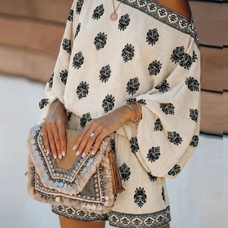 ✨ Bohemian Off-Shoulder Jumpsuit Set – Vintage Print, Vacation, Relaxed ✨