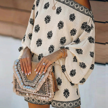 ✨ Bohemian Off-Shoulder Jumpsuit Set – Vintage Print, Vacation, Relaxed ✨