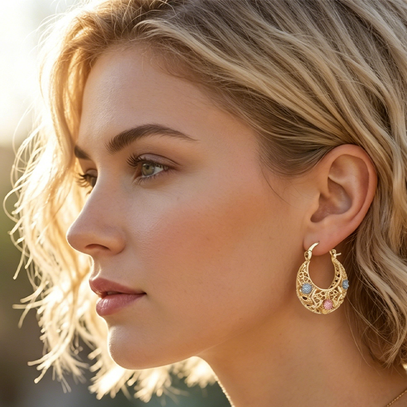 🌼Gold-Plated Crescent Hoop Earrings with Enamel Flowers🌸
