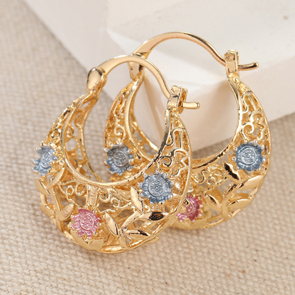 🌼Gold-Plated Crescent Hoop Earrings with Enamel Flowers🌸