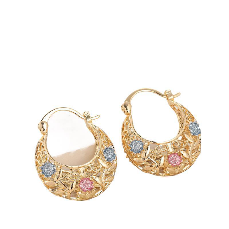 🌼Gold-Plated Crescent Hoop Earrings with Enamel Flowers🌸
