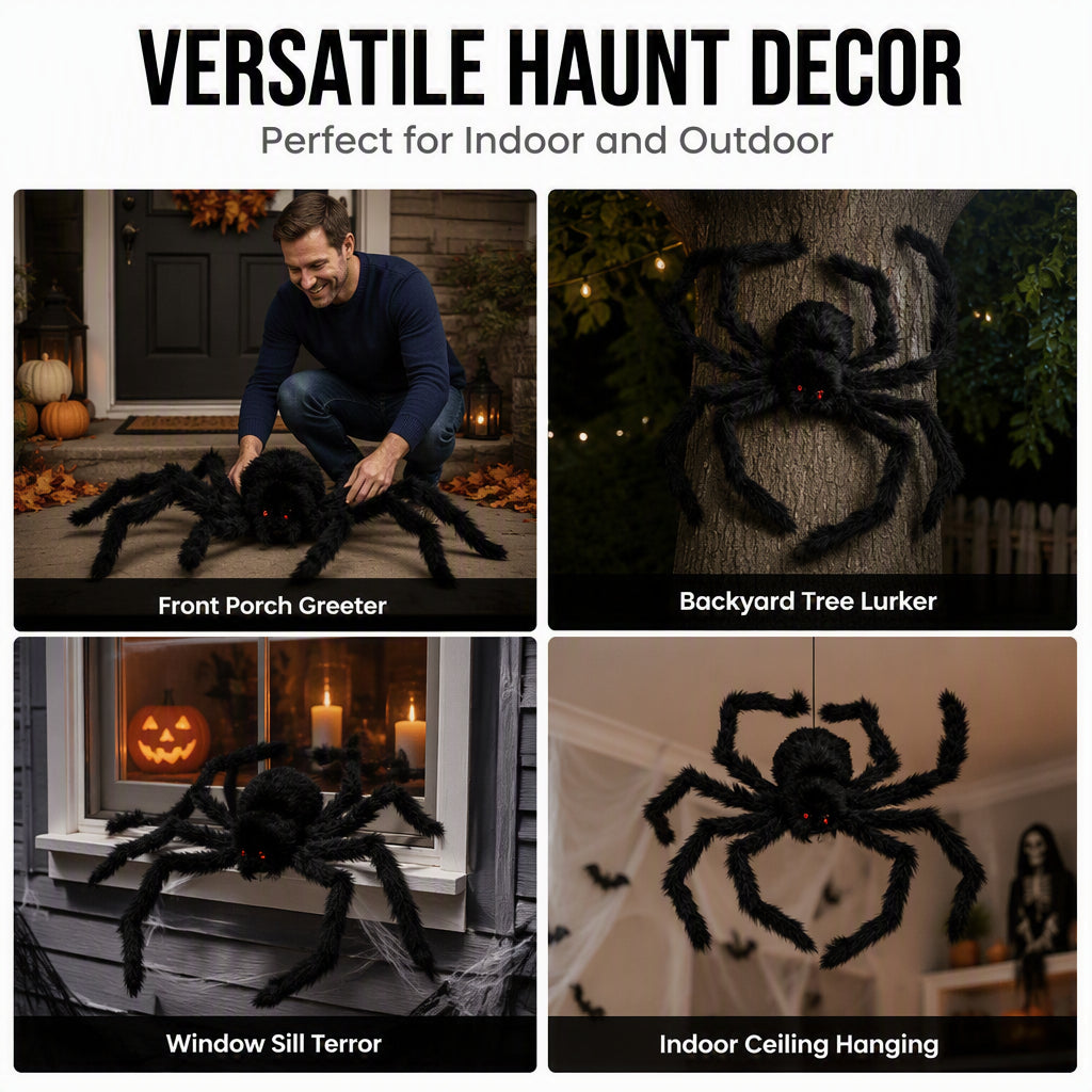 🥳2026 HOT SALE🥳💞50K+ SOLD! 🕷️🎃 50% OFF! Oversized Halloween Spider – 75cm giant leg span, realistic furry body & glowing red eyes. Perfect for porches, gardens & haunted house themes – instant spooky centrepiece! 👻✨