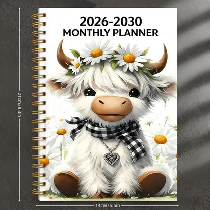 🐮 2026–2030 Monthly Planner ✨ Cute Highland Cow 5-Year Calendar | Large Monthly Blocks for Long-Term Planning