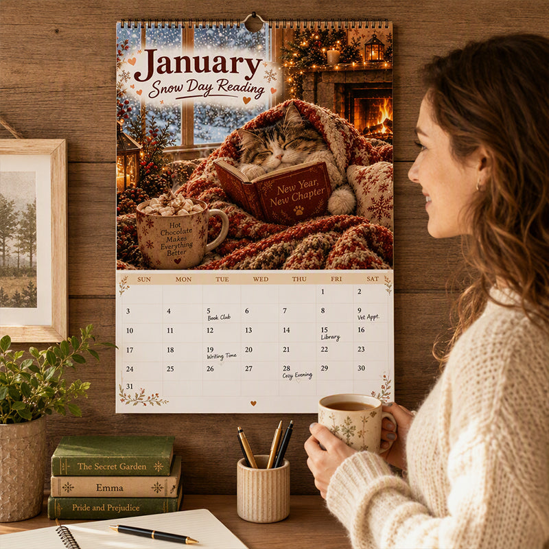 😻49% OFF | 2027 Cats Chillin' with Books Wall Calendar – Adorable Cat‑Book Art, Large Writing Blocks, Perfect Gift For Cat & Book Lovers!