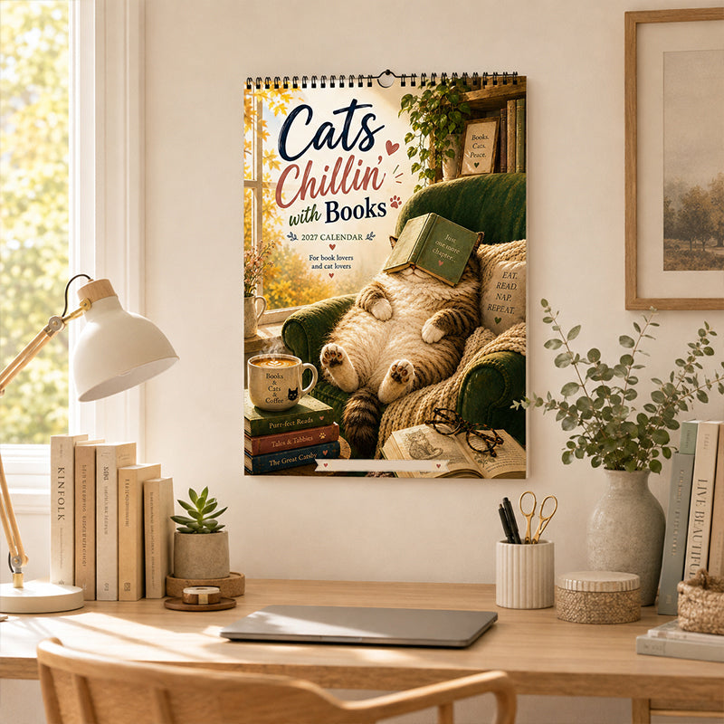 😻49% OFF | 2027 Cats Chillin' with Books Wall Calendar – Adorable Cat‑Book Art, Large Writing Blocks, Perfect Gift For Cat & Book Lovers!