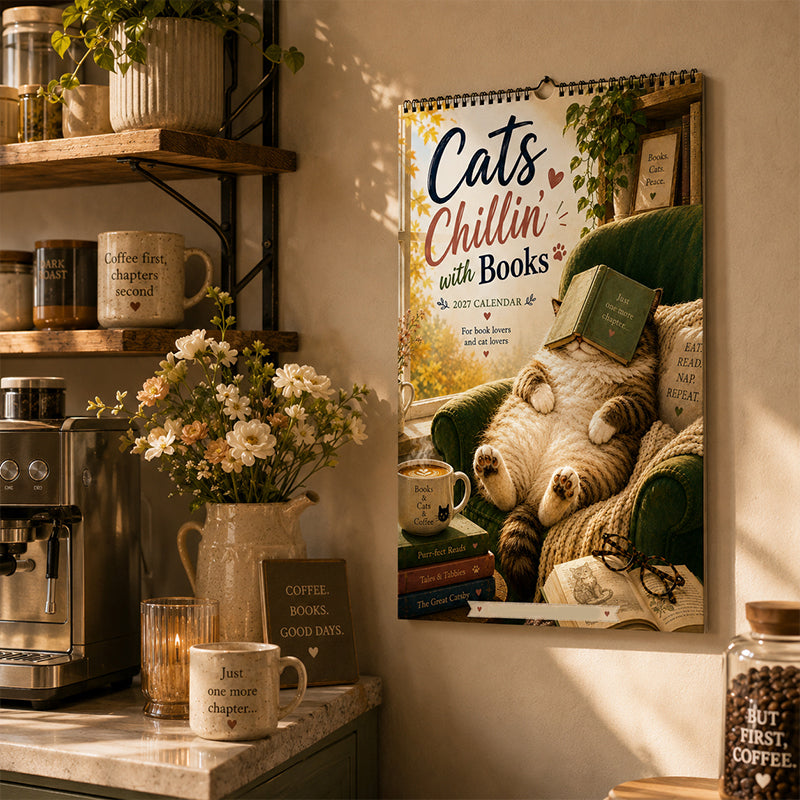 😻49% OFF | 2027 Cats Chillin' with Books Wall Calendar – Adorable Cat‑Book Art, Large Writing Blocks, Perfect Gift For Cat & Book Lovers!