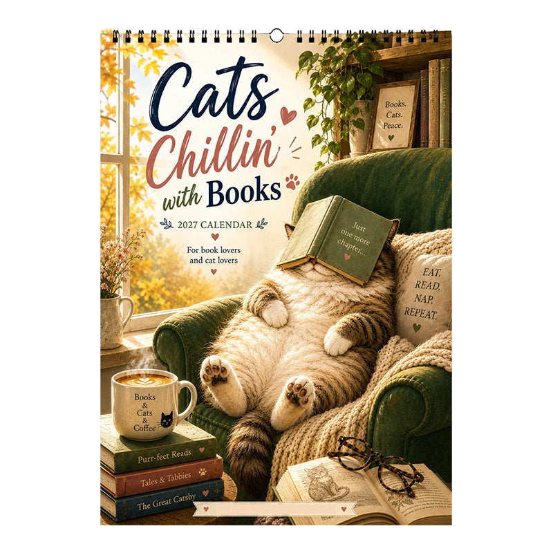 😻49% OFF | 2027 Cats Chillin' with Books Wall Calendar – Adorable Cat‑Book Art, Large Writing Blocks, Perfect Gift For Cat & Book Lovers!