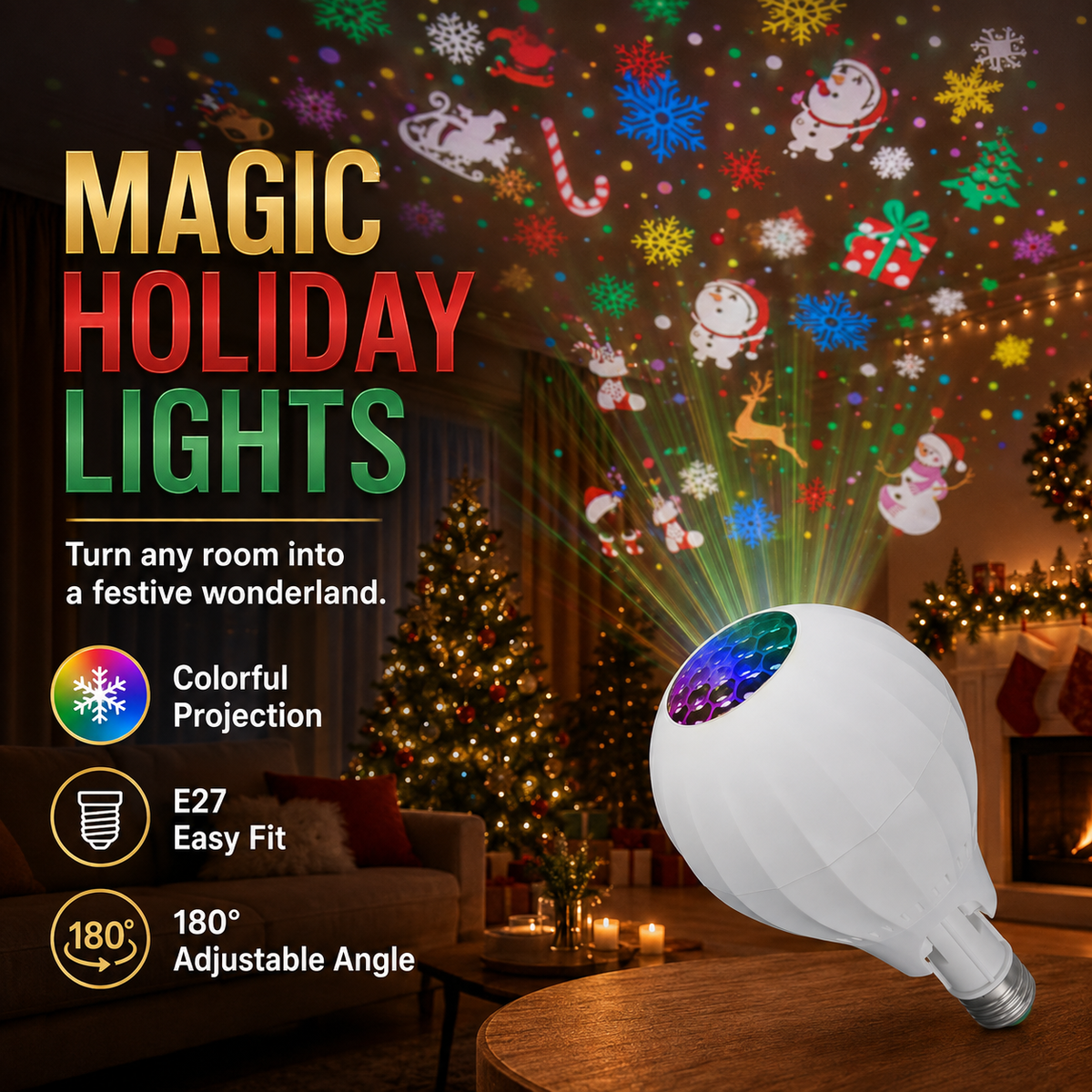 🎄Colorful Rotating Christmas Atmosphere Projector‑ E27 Socket Holiday Projection Light Bulb, 180° Adjustable Festive Pattern Lamp for Xmas Party Home Decor