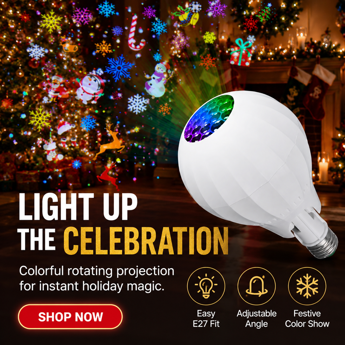 🎄Colorful Rotating Christmas Atmosphere Projector‑ E27 Socket Holiday Projection Light Bulb, 180° Adjustable Festive Pattern Lamp for Xmas Party Home Decor