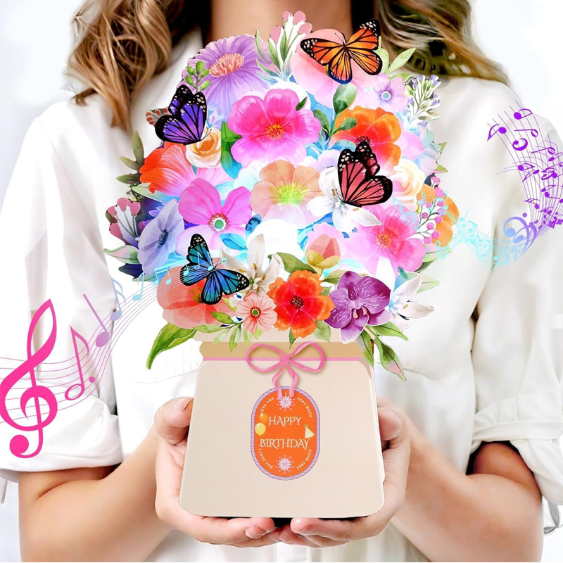 3D Pop-Up Musical Flower Bouquet Card with Lights