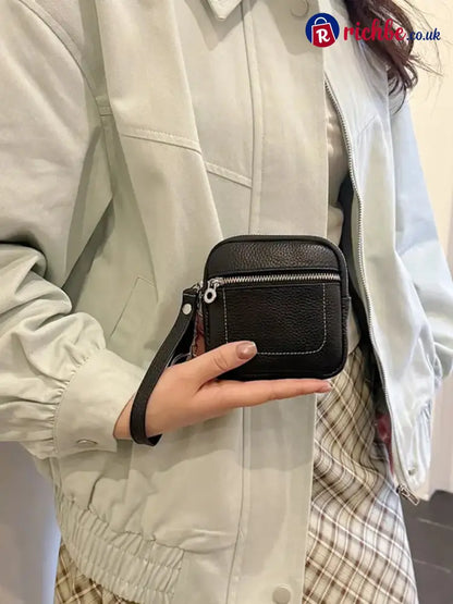 Square Leather Mini Card Wallet Coin Purse - Black