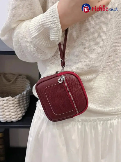 Square Leather Mini Card Wallet Coin Purse - Burgundy