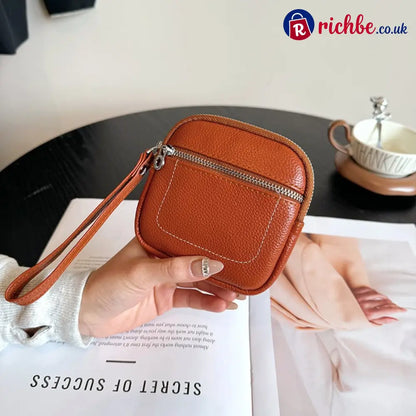 Square Leather Mini Card Wallet Coin Purse - Fawn Brown