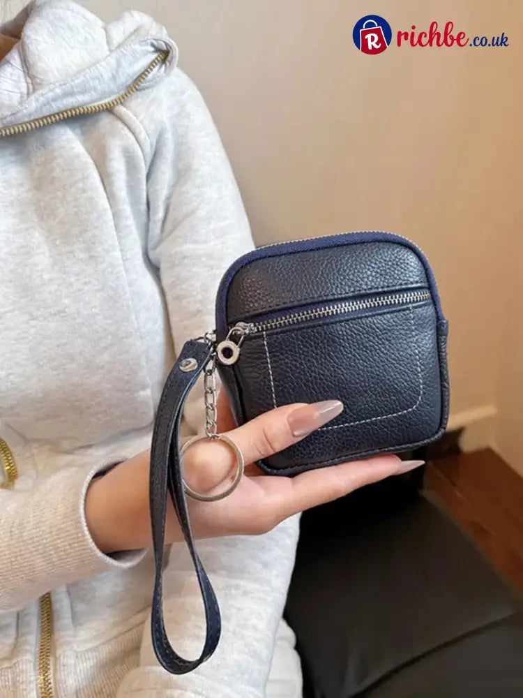 Square Leather Mini Card Wallet Coin Purse - Navy Blue