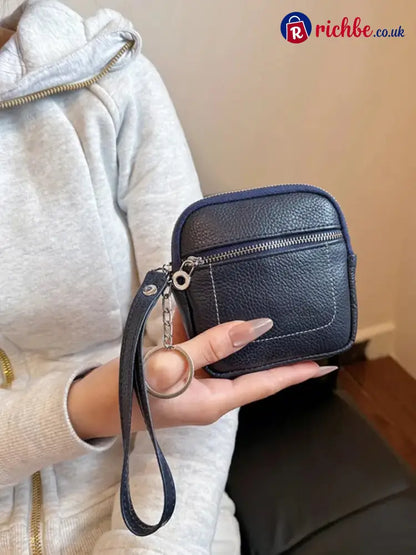 Square Leather Mini Card Wallet Coin Purse - Navy Blue