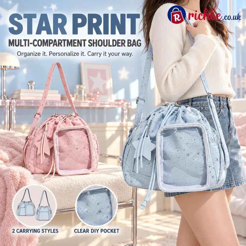 Star Print Multi-Compartment Shoulder Bag