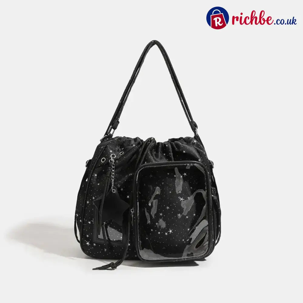 Star Print Multi-Compartment Shoulder Bag - Black
