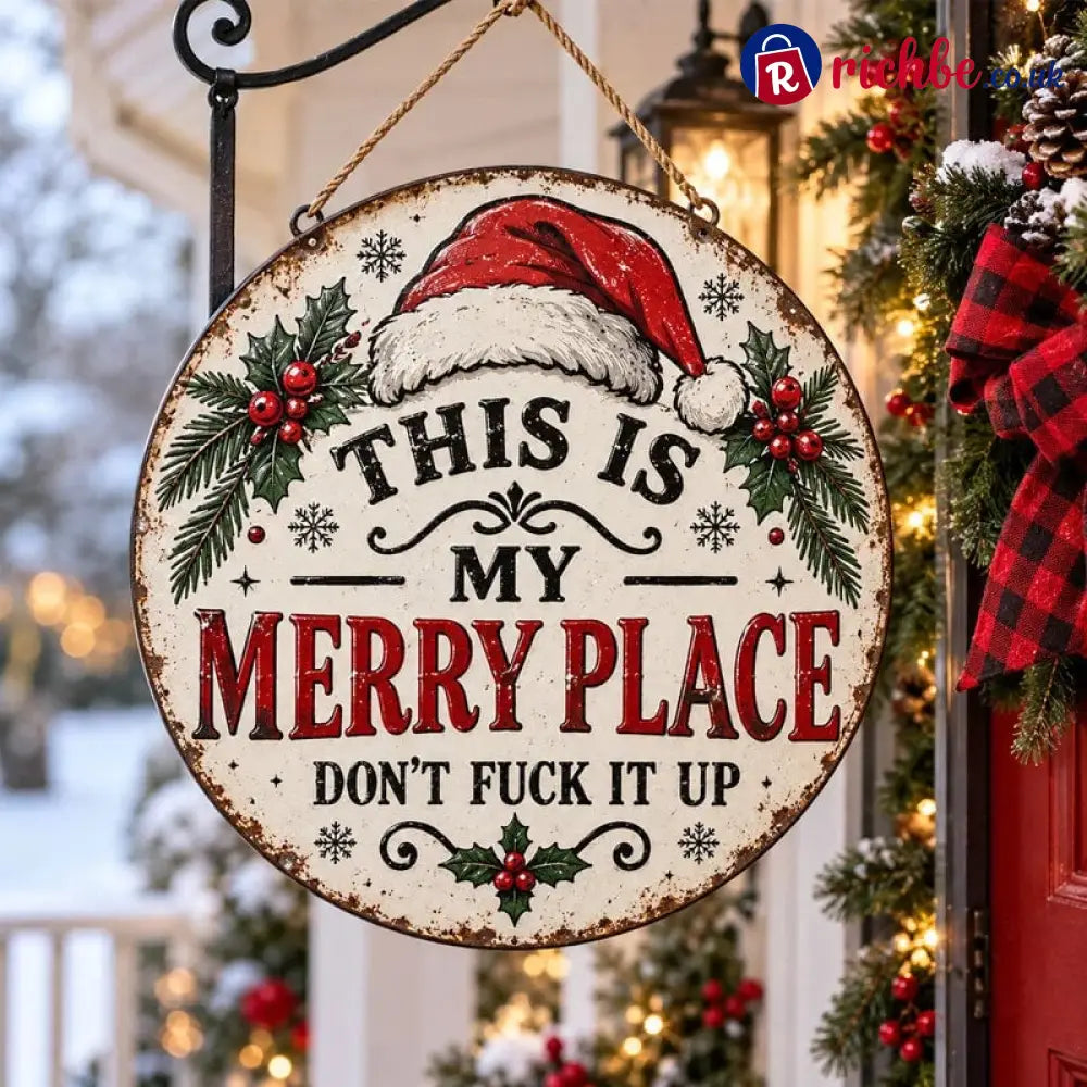 🎄🏡 This Is My Merry Place, Vintage Christmas Hanging Sign with Santa Hat & Holly