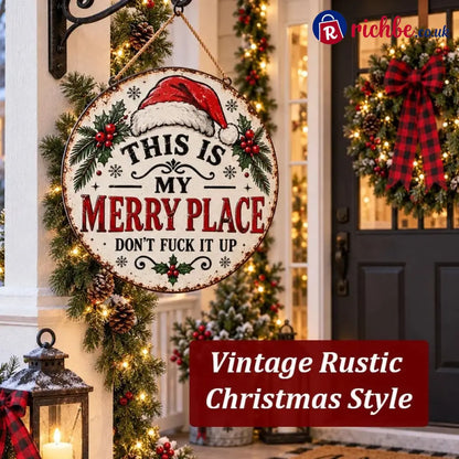 🎄🏡 This Is My Merry Place, Vintage Christmas Hanging Sign with Santa Hat & Holly