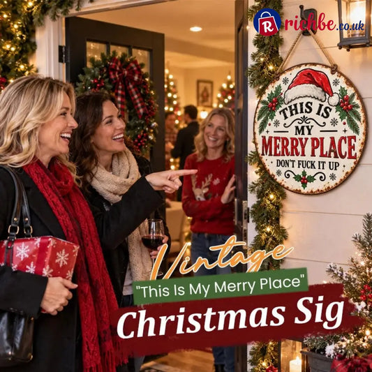 🎄🏡 This Is My Merry Place, Vintage Christmas Hanging Sign with Santa Hat & Holly