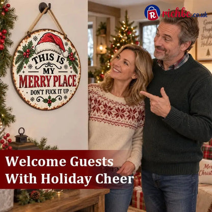 🎄🏡 This Is My Merry Place, Vintage Christmas Hanging Sign with Santa Hat & Holly