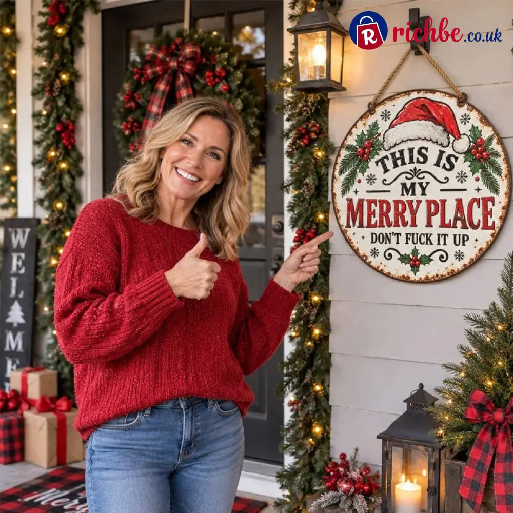 🎄🏡 This Is My Merry Place, Vintage Christmas Hanging Sign with Santa Hat & Holly