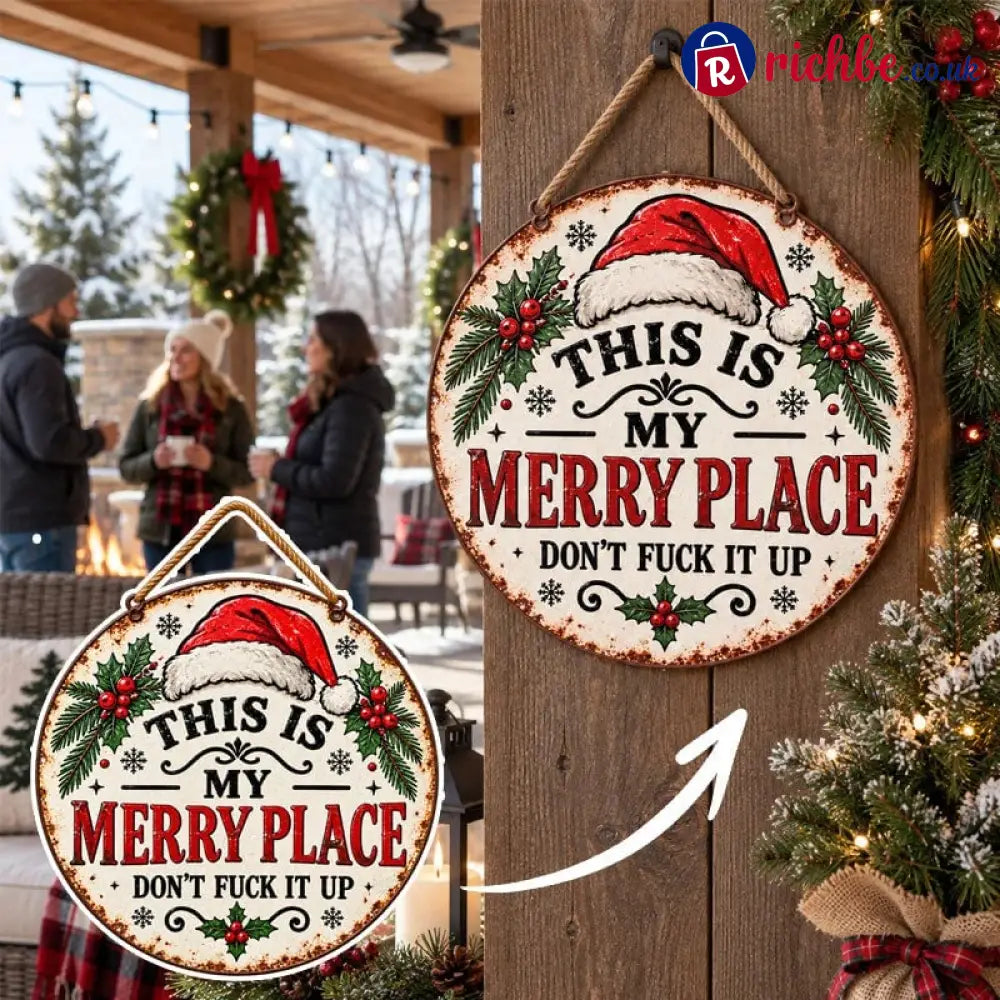 🎄🏡 This Is My Merry Place, Vintage Christmas Hanging Sign with Santa Hat & Holly