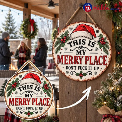 🎄🏡 This Is My Merry Place, Vintage Christmas Hanging Sign with Santa Hat & Holly