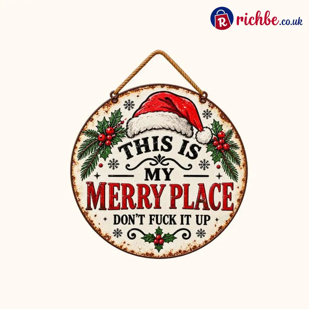 🎄🏡 This Is My Merry Place, Vintage Christmas Hanging Sign with Santa Hat & Holly - S(8’)