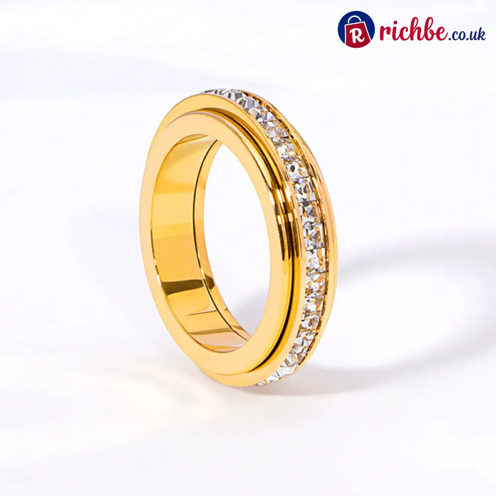 ✨💕Titanium Steel Rotatable Spinner Ring with Zirconia - Gold / 5（UK J） - Clothing & Accessories