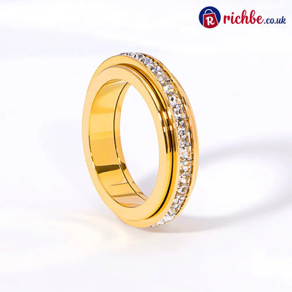 ✨💕Titanium Steel Rotatable Spinner Ring with Zirconia - Gold / 5（UK J） - Clothing & Accessories