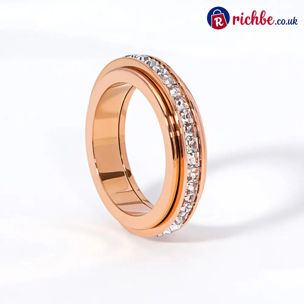 ✨💕Titanium Steel Rotatable Spinner Ring with Zirconia - Rose Gold / 5（UK J） - Clothing & Accessories
