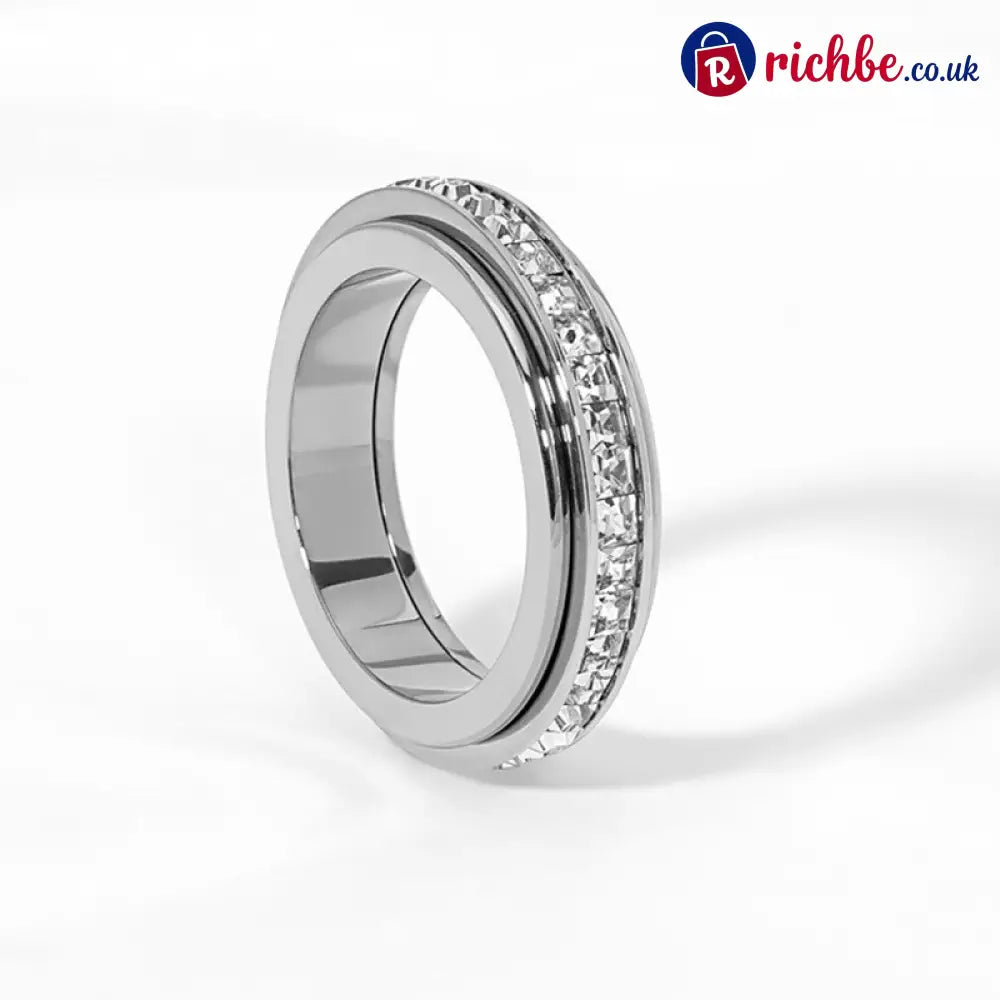 ✨💕Titanium Steel Rotatable Spinner Ring with Zirconia - Silver / 6（UK L） - Clothing & Accessories