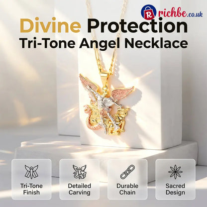 Tri-Tone Angel Guardian Pendant Necklace🪽📿 - Clothing & Accessories