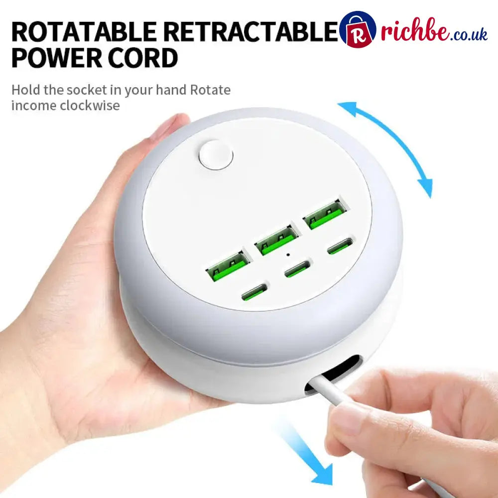 Ultimate 7-in-1 Retractable USB Charging Station with 8-Color Mood Lighting - UK