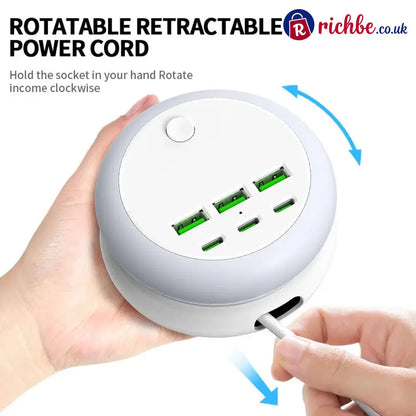 Ultimate 7-in-1 Retractable USB Charging Station with 8-Color Mood Lighting - UK