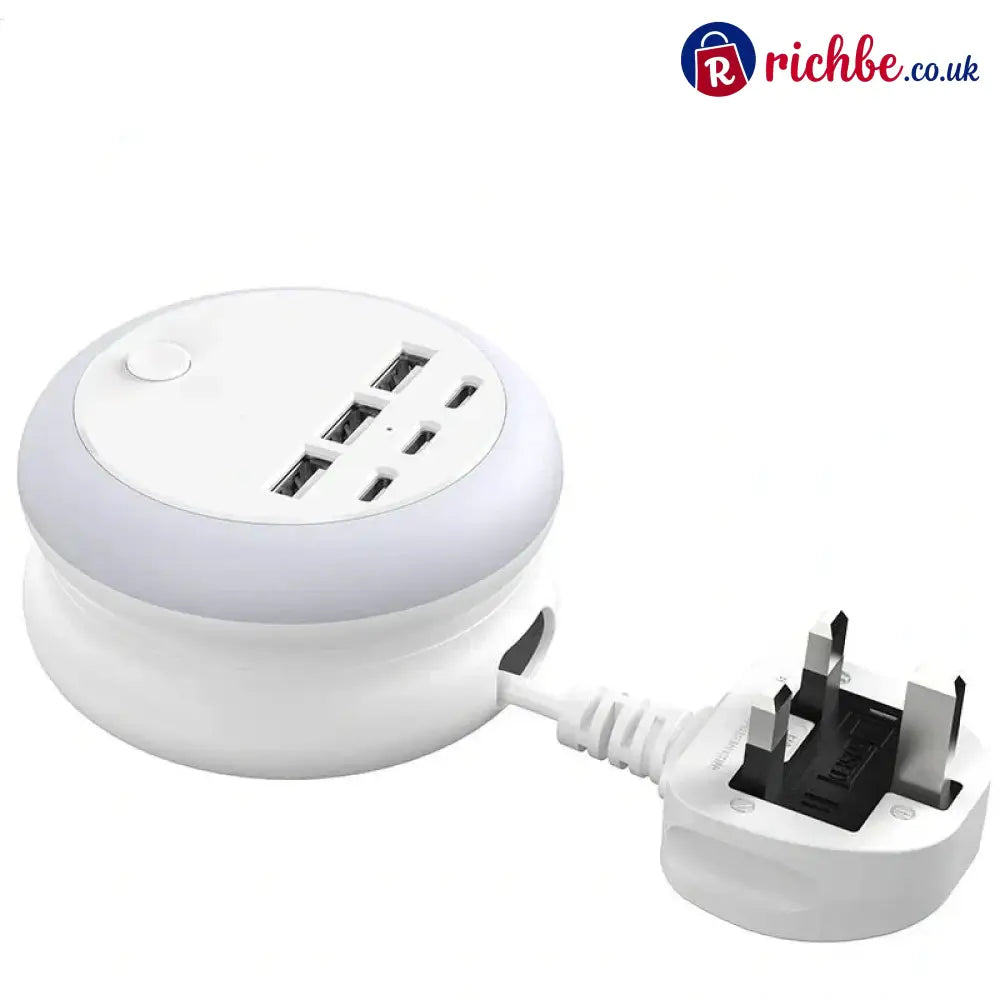 Ultimate 7-in-1 Retractable USB Charging Station with 8-Color Mood Lighting - UK