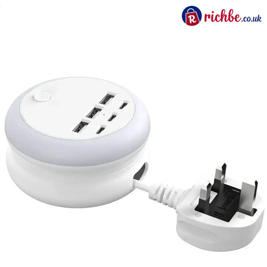 Ultimate 7-in-1 Retractable USB Charging Station with 8-Color Mood Lighting - UK