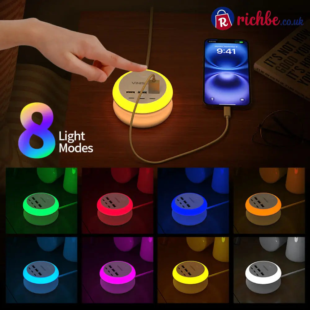 Ultimate 7-in-1 Retractable USB Charging Station with 8-Color Mood Lighting - UK