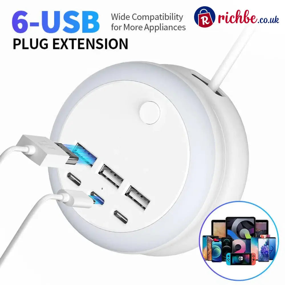 Ultimate 7-in-1 Retractable USB Charging Station with 8-Color Mood Lighting - UK