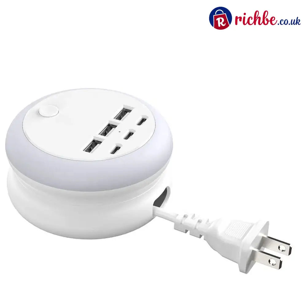 Ultimate 7-in-1 Retractable USB Charging Station with 8-Color Mood Lighting - UK