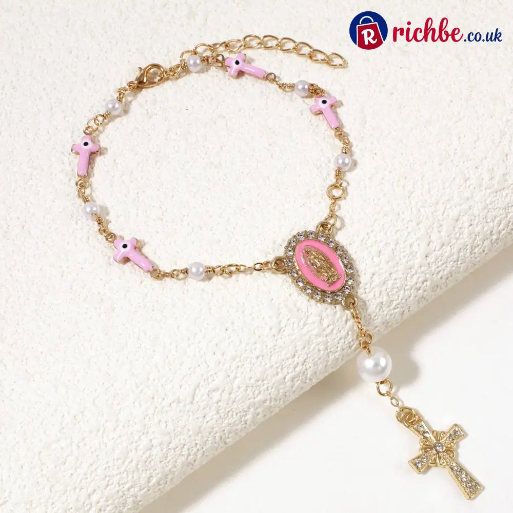 🚗 Unique Retro Steering Wheel Rosary Pendant - Pink