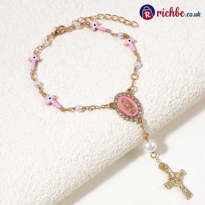 🚗 Unique Retro Steering Wheel Rosary Pendant - Pink