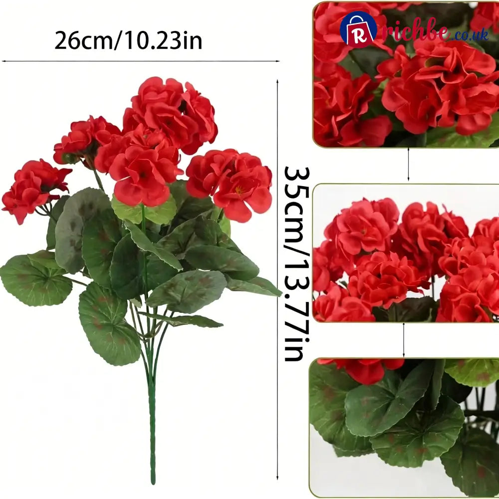 UV Resistant Artificial Geraniums – Outdoor Red Faux Flowers for Patio Garden & Home Decor