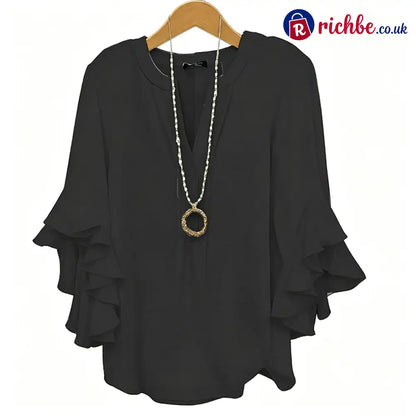 V-Neck Ruffled Sleeve Top ✨🌿 - Black / S /UK 2-4 - Clothing & Accessories